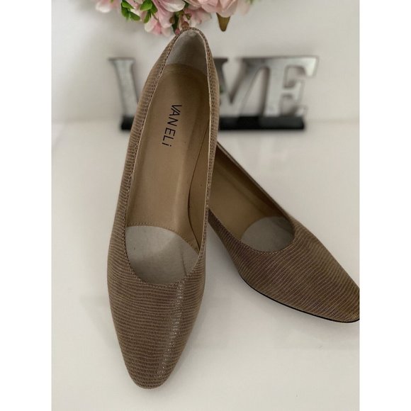Vintage Vaneli Womens Tan Mini Lizard Print Suede Heels Slip Foam Pad Insole 8S‎ - Picture 6 of 12